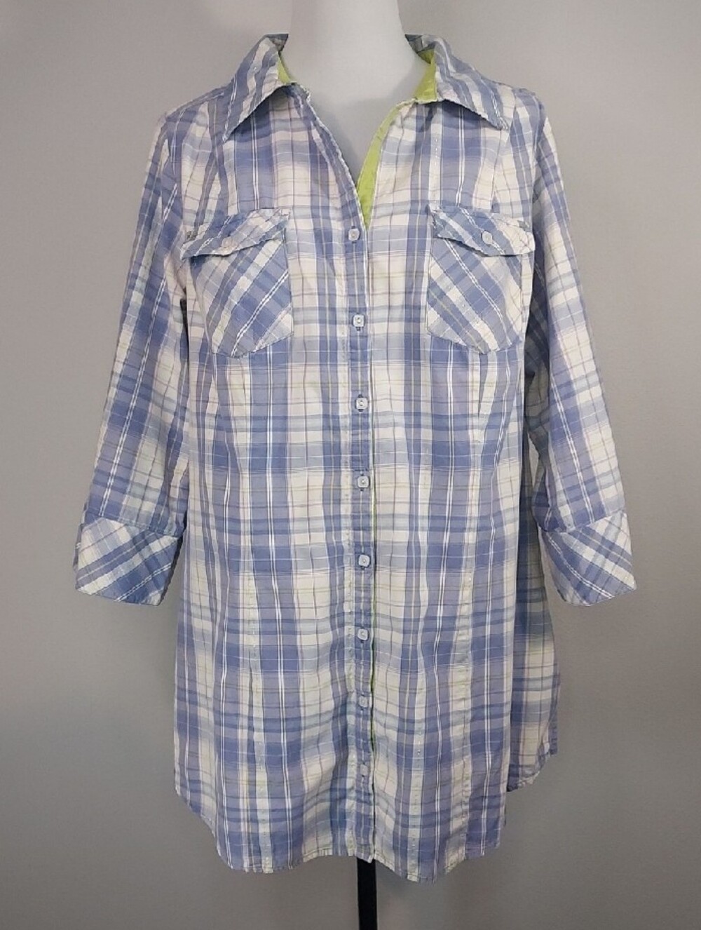 Lane Bryant Purple White Lime Green Cotton Plaid Button-Up Shirt Size 14/16